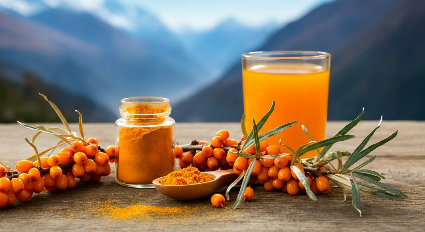 Sea buckthorn berries and natural wellness juice